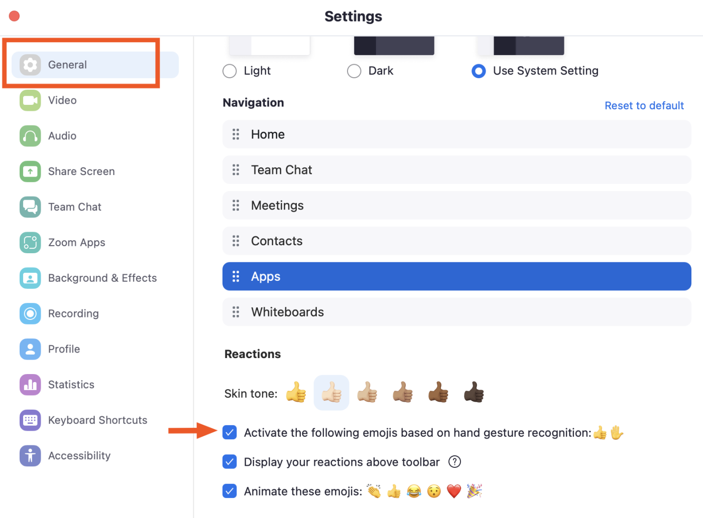 General tab of Zoom settings in Zoom Desktop Client. The option "Activate the following emojis based on hand gesture recognition thumbs up and raised hand" is selected.