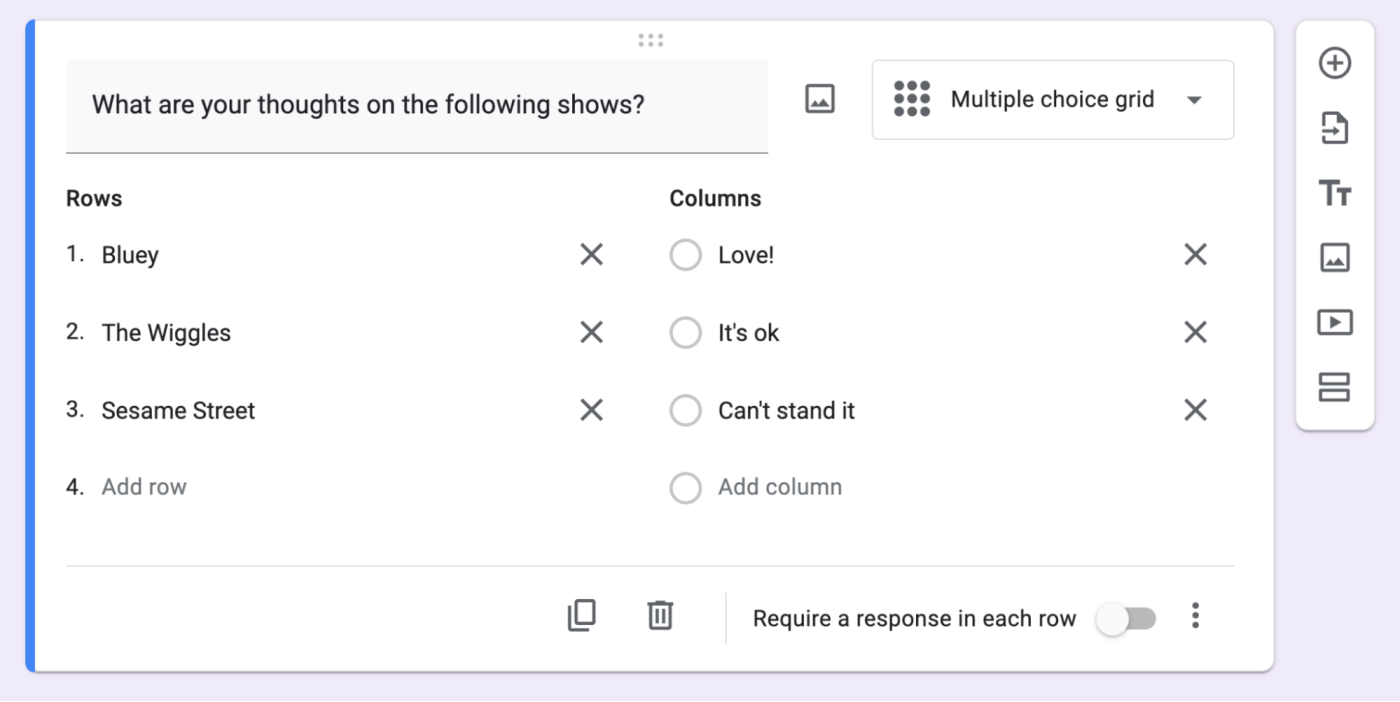 Example of a multiple-choice grid question in the Google Forms editor.