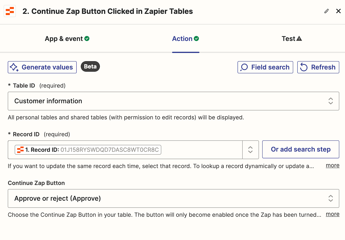 Screenshot of tables record id in tables