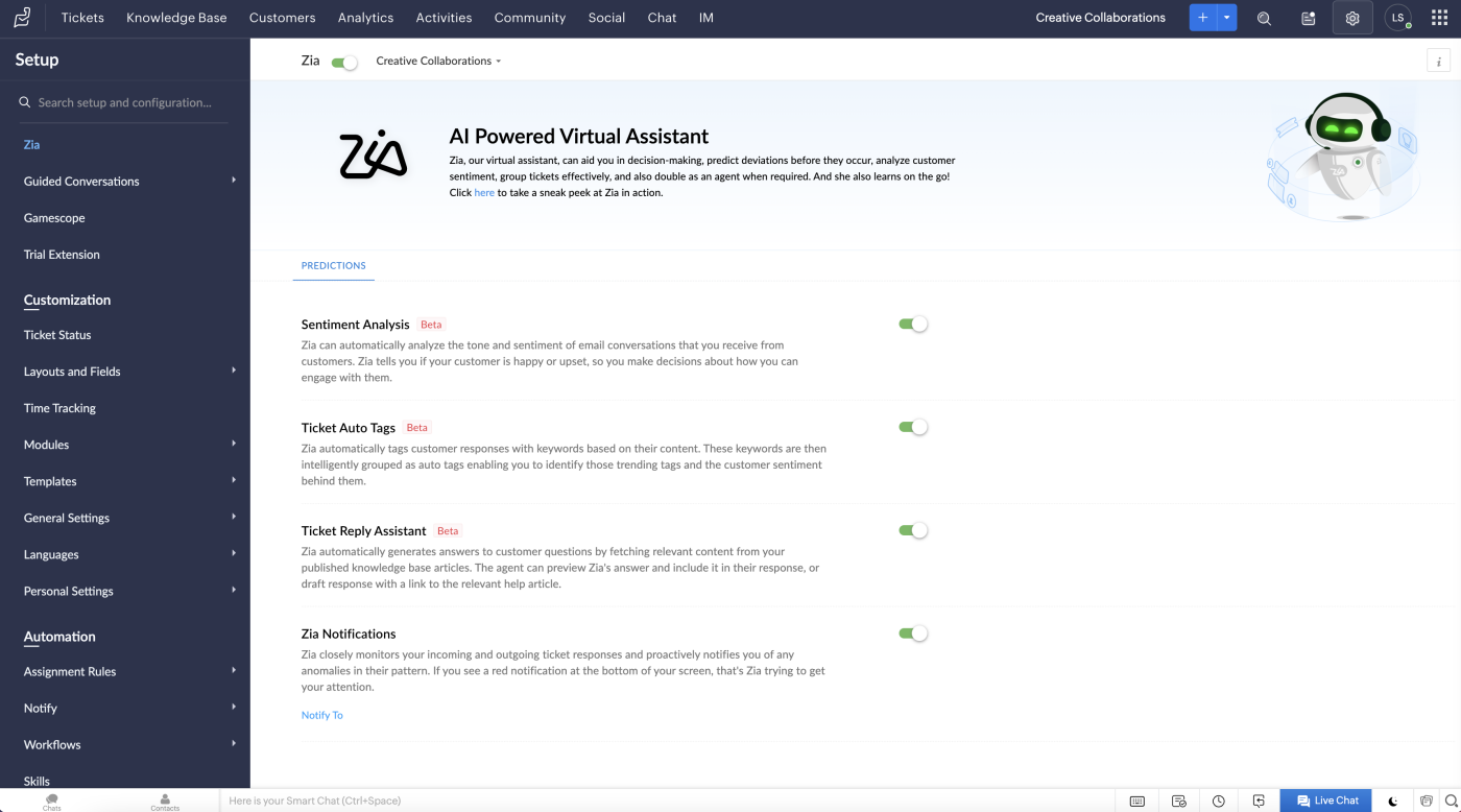 Screenshot of the author showing Zoho Desk’s virtual AI-powered assistant.