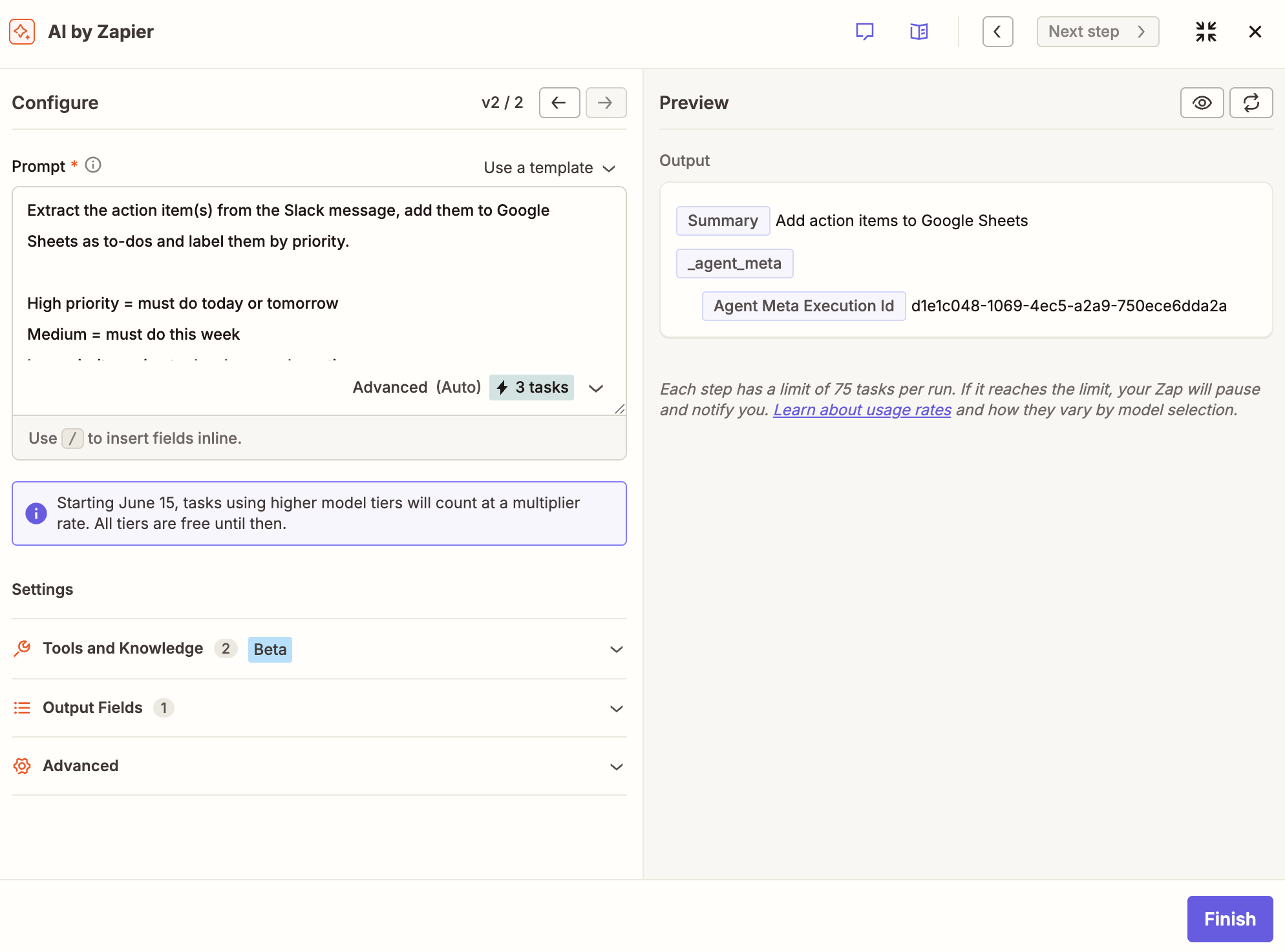 AI by Zapier editor window with the prompt text field filled out and a preview of the output on the right-hand side. 