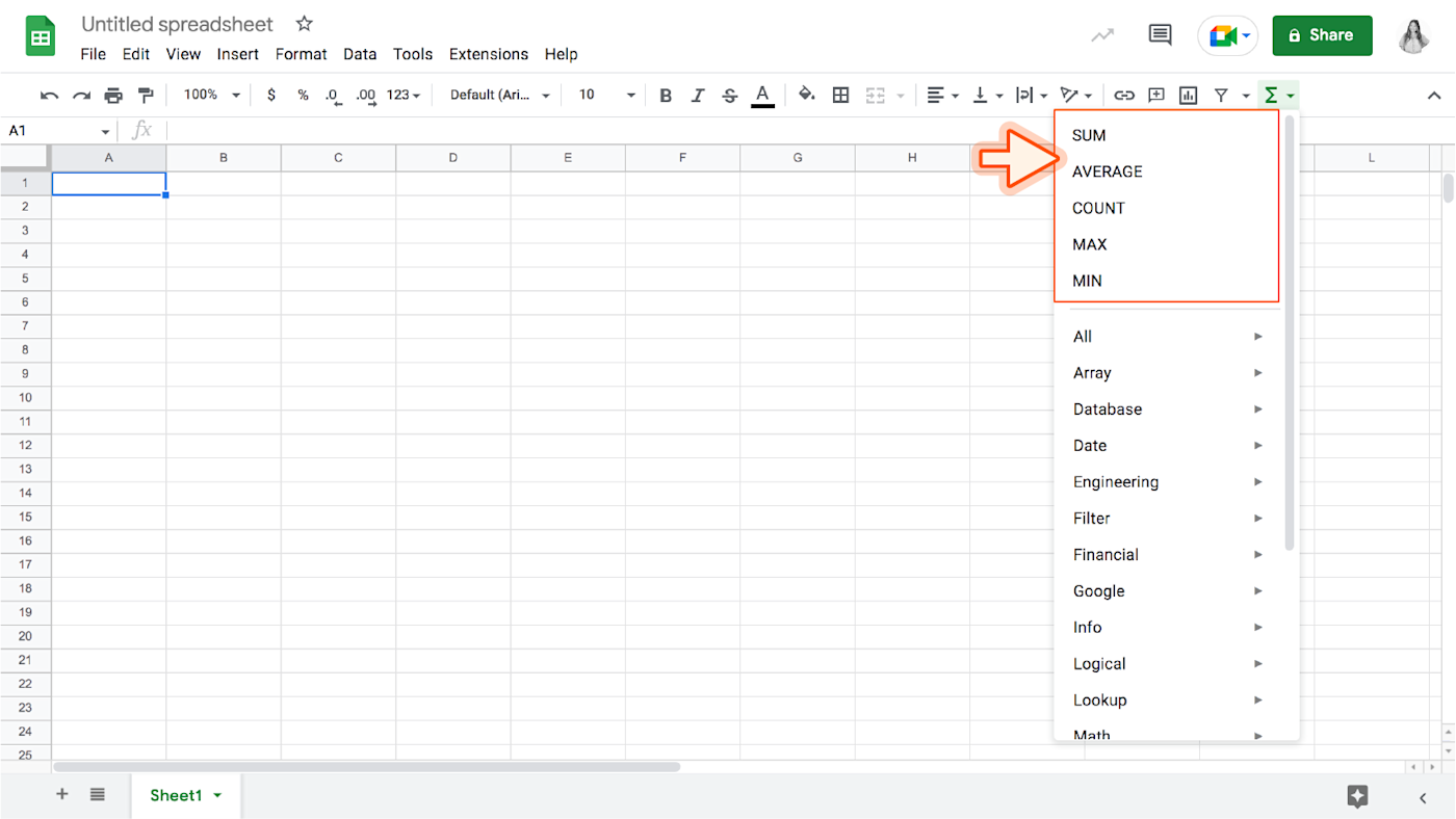 Screenshot of spreadsheet with arrow pointing to formulas SUM, AVERAGE, COUNT, MAX, and MIN. 