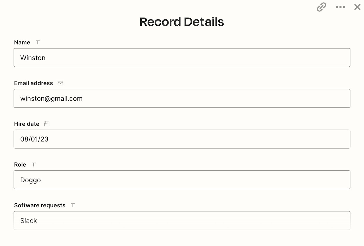 screenshot of record details