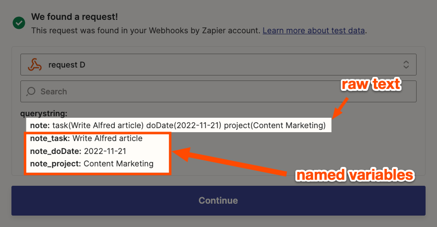 Sample data from the trigger test, which includes raw text and fields created from named variables.