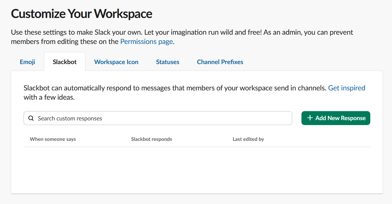 Screenshot of the customize workspace window and the "add new response" button in Slack