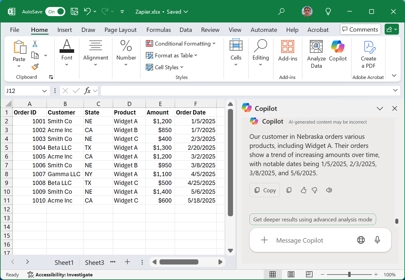Copilot in Excel summarizing trends in a spreadsheet