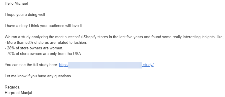 An example of a successful pitch email