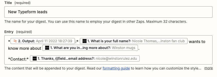 The digest entry configured in the Zap editor. The "Entry" field contains a mix of mapped fields and static text.