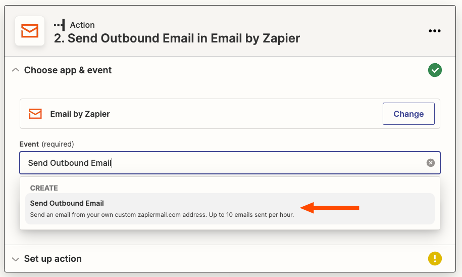 Email by Zapier selected with an orange arrow pointing to "Send Outbound Email" in the dropdown menu for the Event field.
