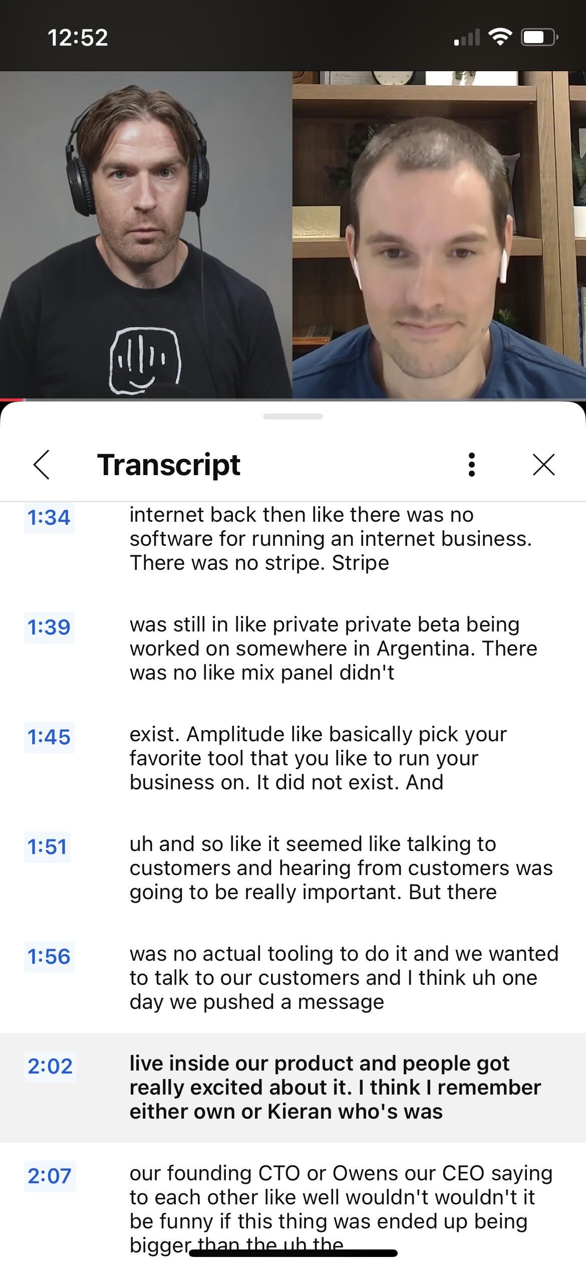 Screenshot of the YouTube video transcript on mobile, with an orange box around the three-dot icon where users can select their preferred language