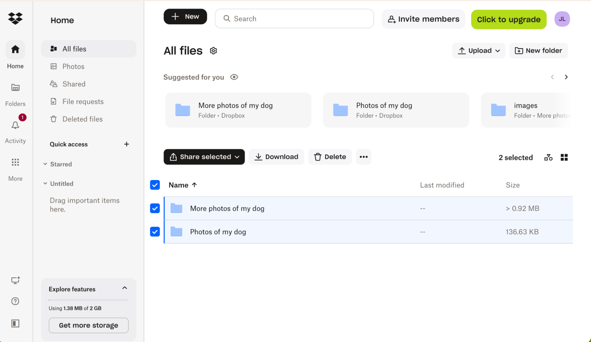 Clicking All Files and then the checkbox in Dropbox on the web.