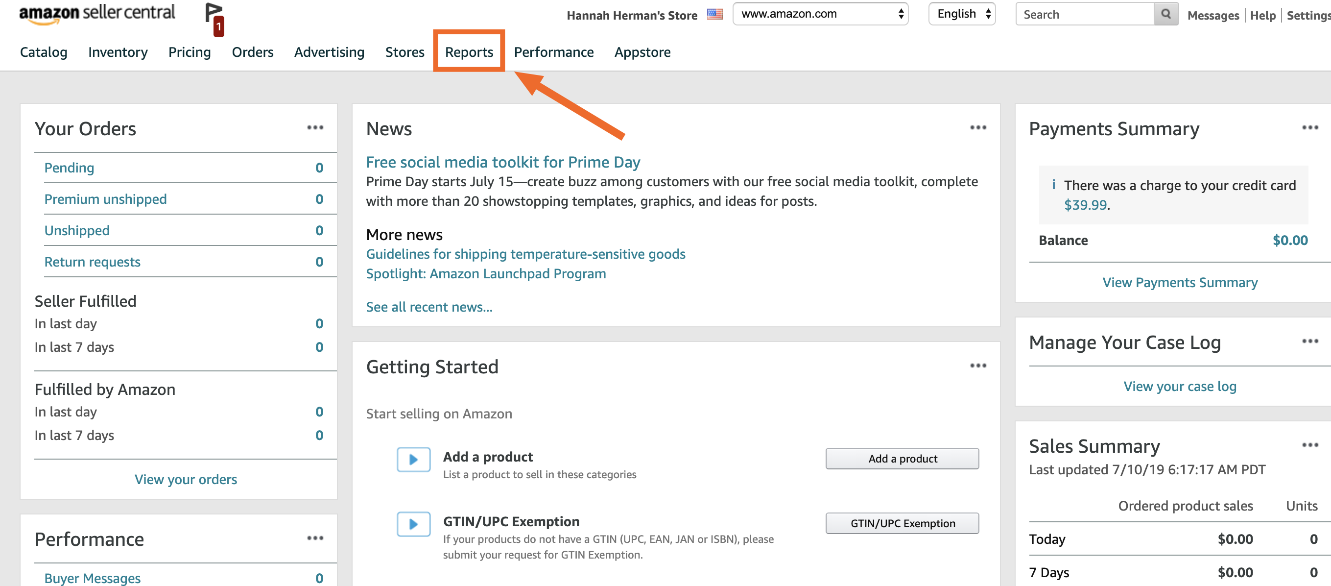 Navigating to business reports on Amazon Seller Central