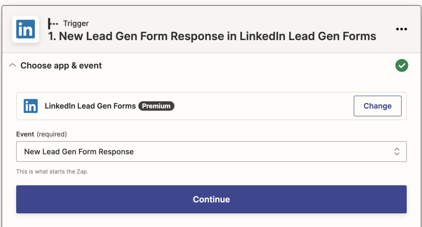 The LinkedIn Lead Gen Forms app is selected with "New Lead Gen Form Response" selected in the Event dropdown.