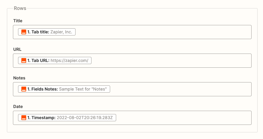 Spreadsheet columns mapped in a Zap