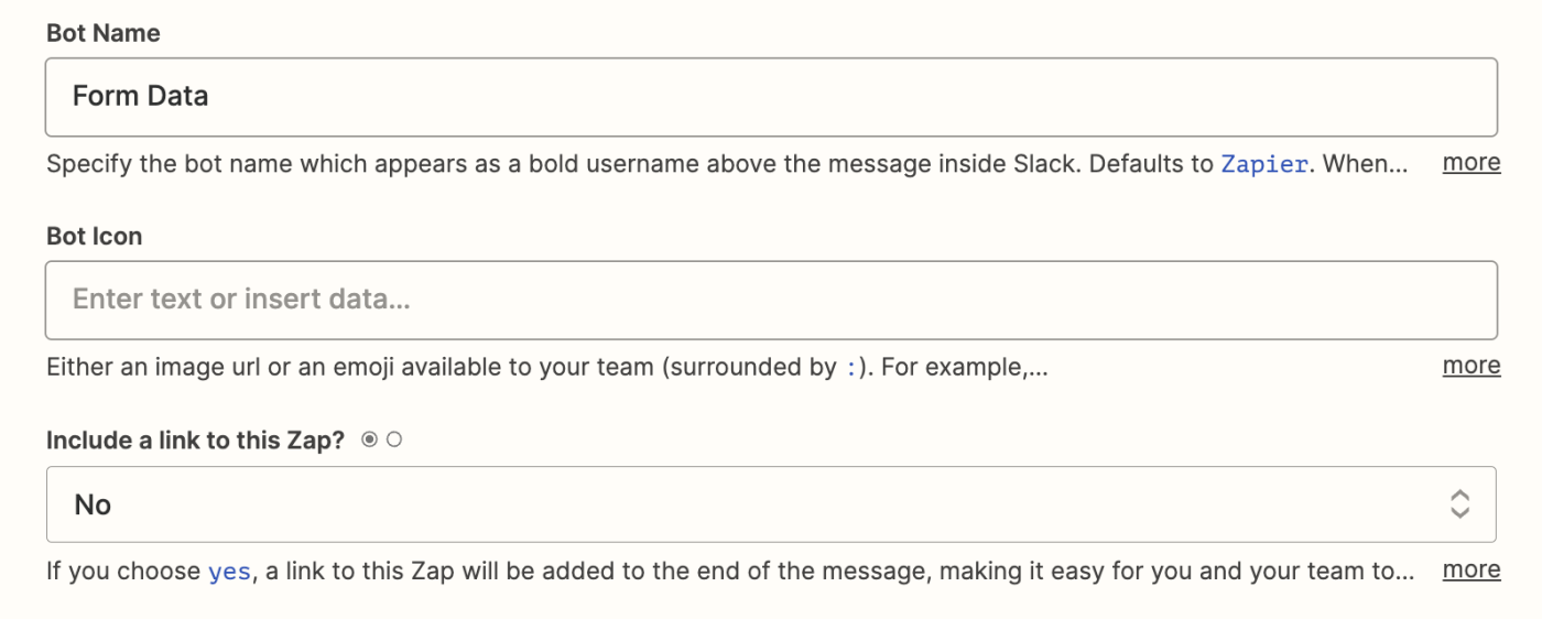 Fields in a Zap step to customize your Slack message details, including bot name and bot icon fields.