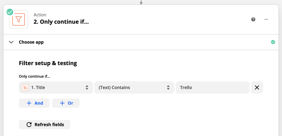 A Filter step in Zapier showing fields for setup and testing, including the condition to filter by "Title," the restriction "(Text) Contains", and the specific text to look for "Trello."