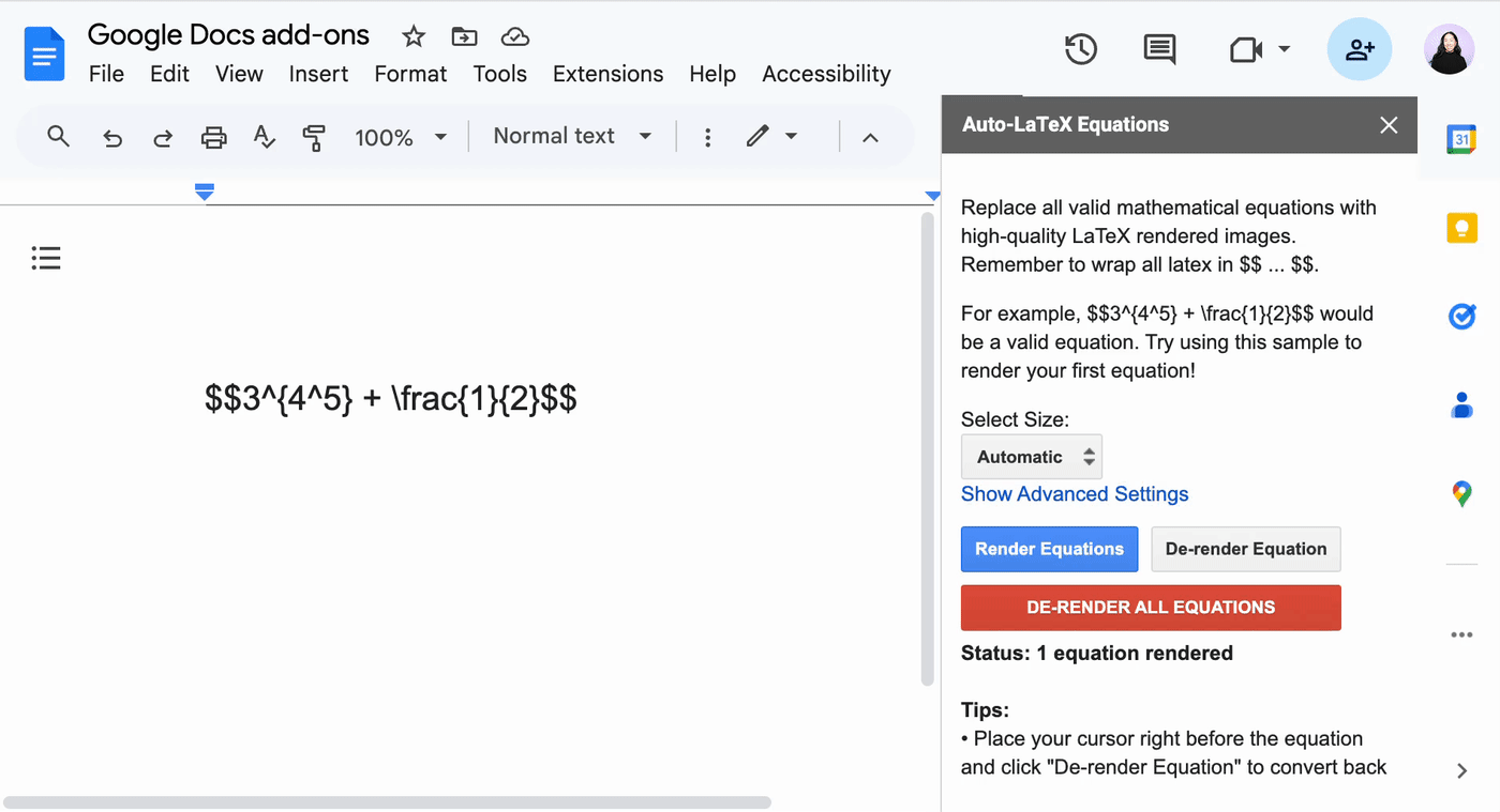Demo of how to convert a plain text mathematical equation into latex macros using the Auto-latex equations Google Docs add-on.