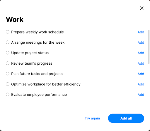 A list of 7 work-related tasks that Any.do suggested, including Prepare weekly work schedule, Arrange meetings for the week, and Update project status