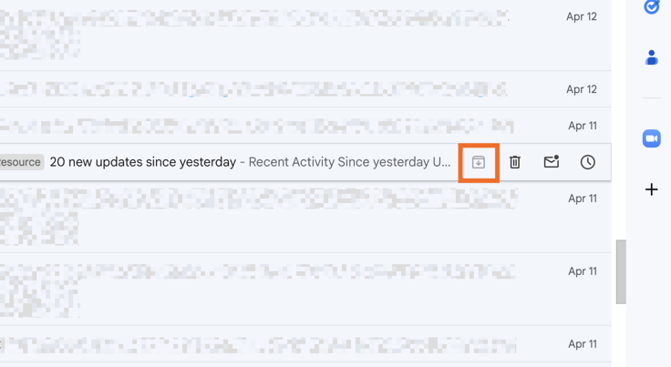Screenshot of the author showing how archived emails will have their Archive buttons grayed out when you hover over them