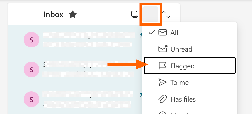 Expanded view of the filter menu in Outlook with the flagged option highlighted. 