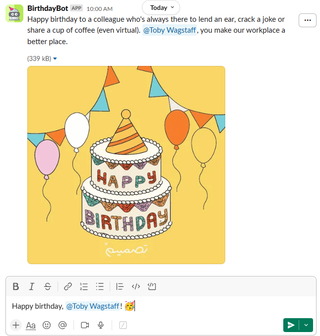 A BirthdayBot message in Slack