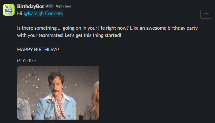 A BirthdayBot message in Slack