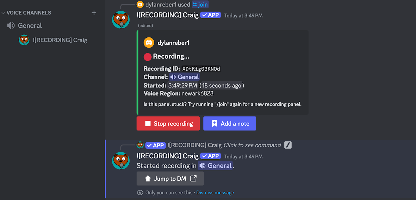 Screenshot showing Craig's recording message in Discord