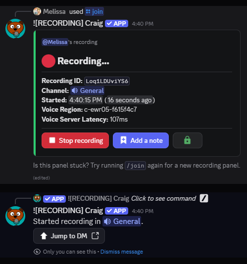 Screenshot showing Craig's recording message in Discord