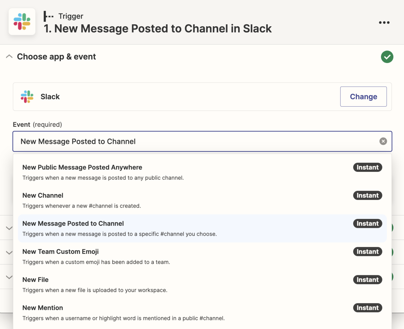 A screenshot of the setup for a Slack trigger event in the Zapier editor.