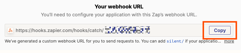 An orange box around a button that reads Copy next to a field with a webhook URL.