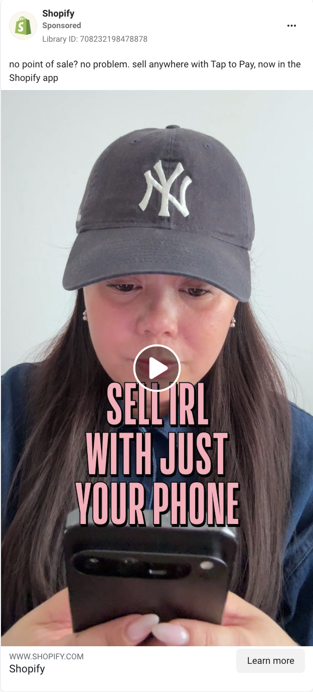 Product-focused Facebook ad example from Shopify. 