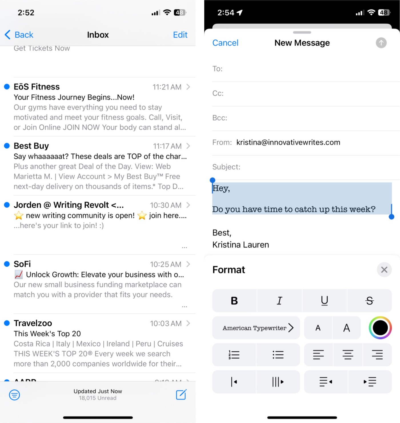 A screenshot of Apple Mail, our pick for the best no-frills iPhone email app
