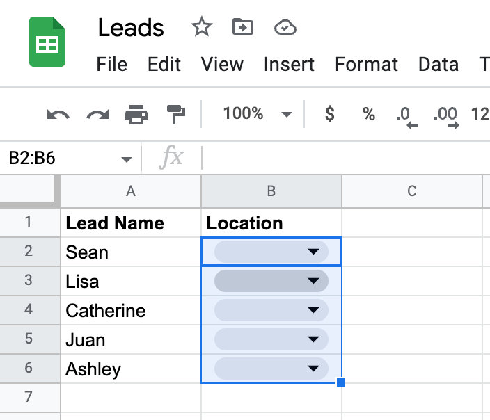 A dropdown list in select cells of a Google Sheet. 