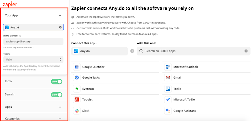 Screenshot of Zapier's App Directory Element tool in action