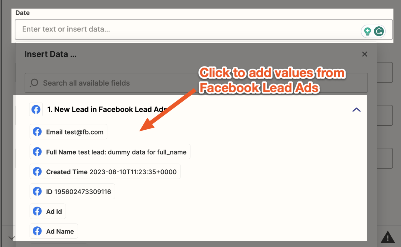 A screenshot highlighting data from a Facebook Lead Ads trigger step available for selection in an action step in the Zapier editor.
