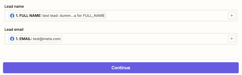 Facebook লিড বিজ্ঞাপন ট্রিগার ধাপ থেকে একটি স্ক্রিনশট হাইলাইট করা ডেটা Zapier সম্পাদকে একটি অ্যাকশন ধাপে নির্বাচনের জন্য উপলব্ধ।