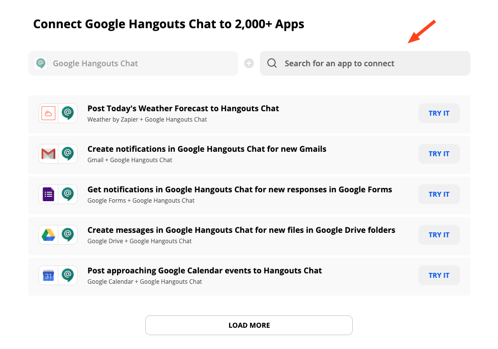 A screenshot of the Google Hangouts Chat app within Zapier featuring a list of common Zap templates.