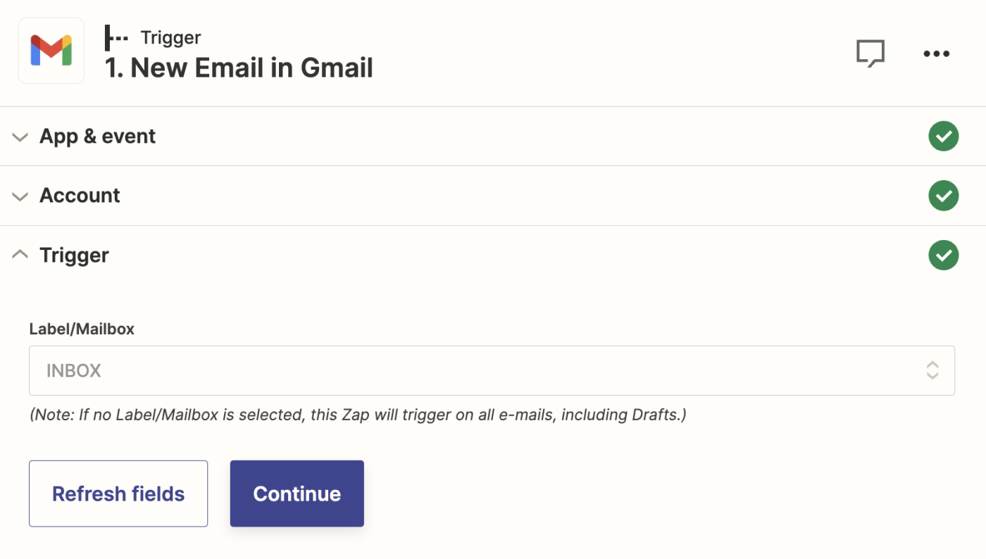 A screenshot of the setup for a Gmail trigger step in the Zapier editor.