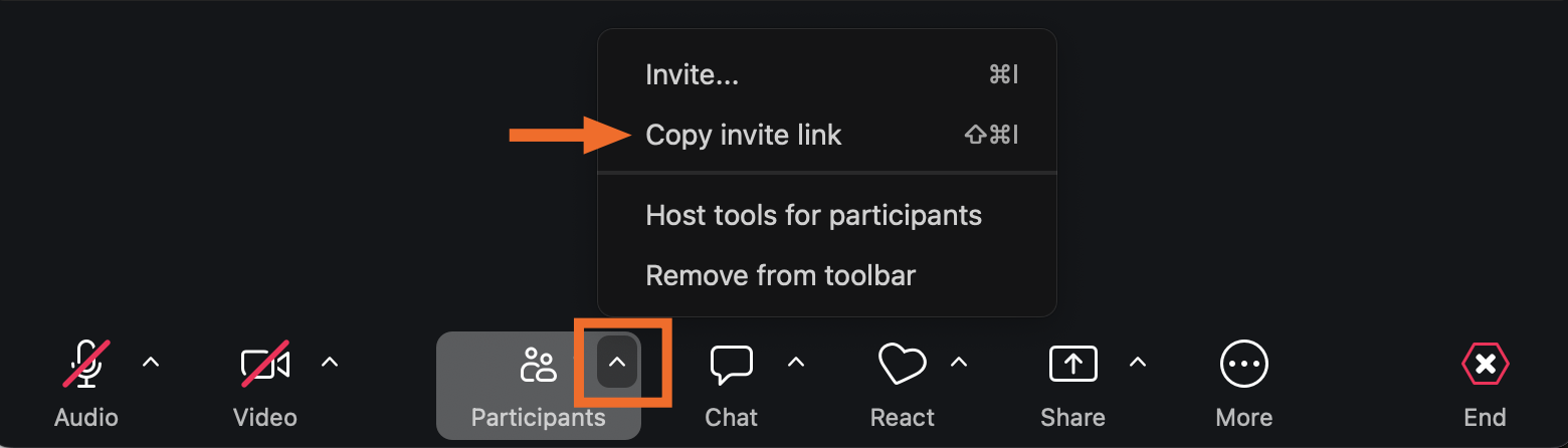 Zoom meeting control bar with the option to copy invite link highlighted.