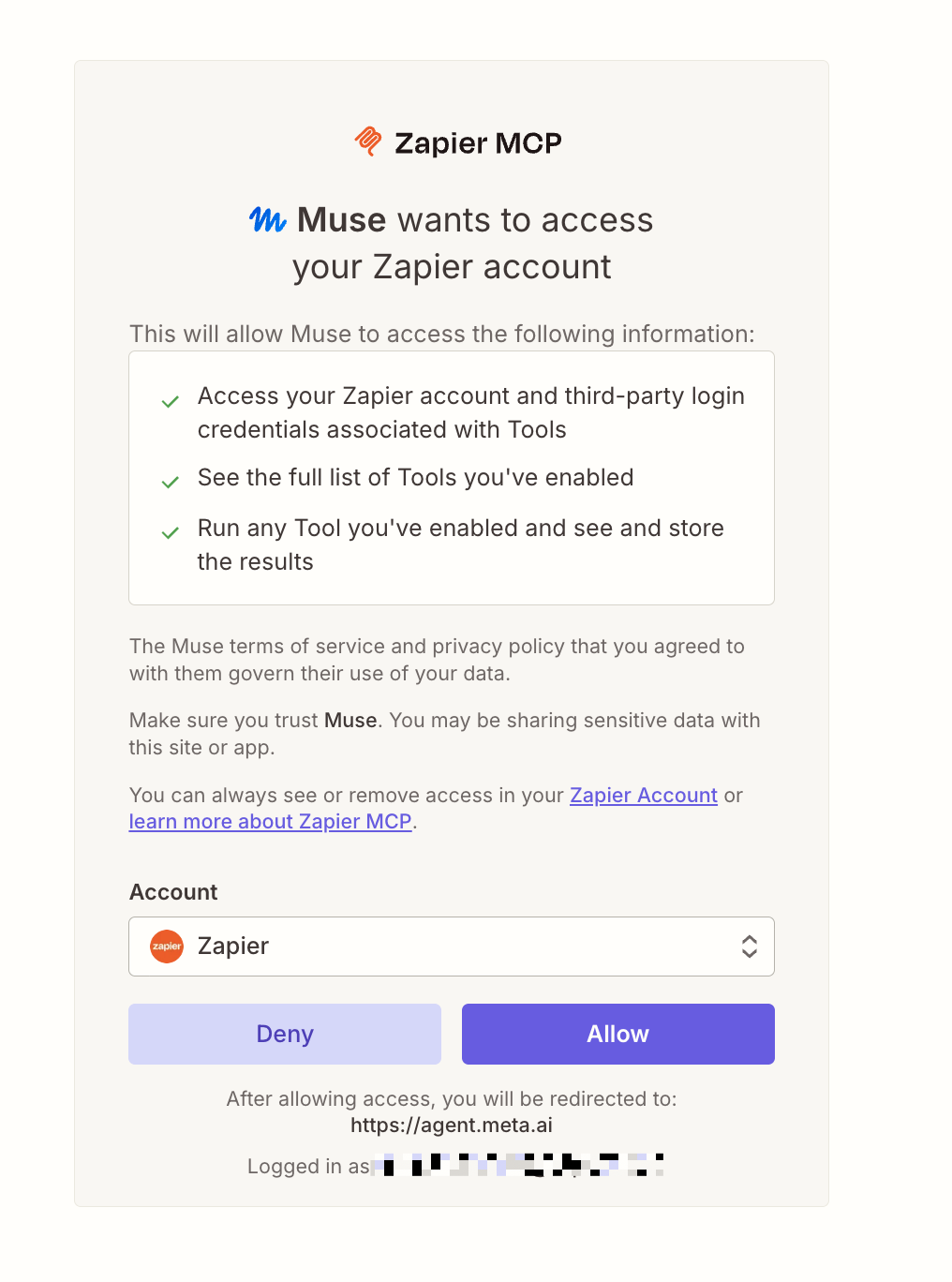 The prompt to allow a connection between Muse and Zapier