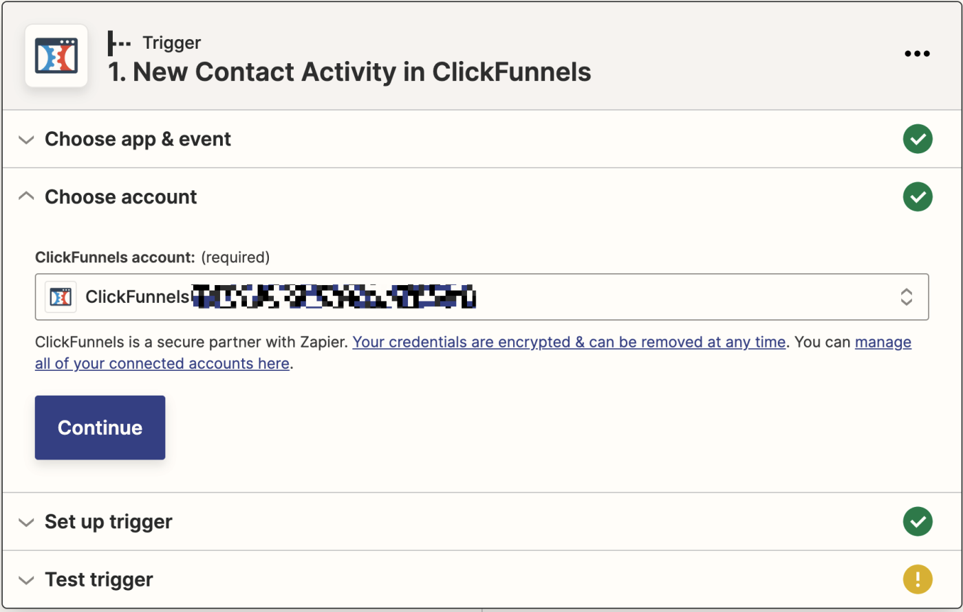 The ClickFunnels app logo and a ClickFunnels account selected in the ClickFunnels account dropdown menu.