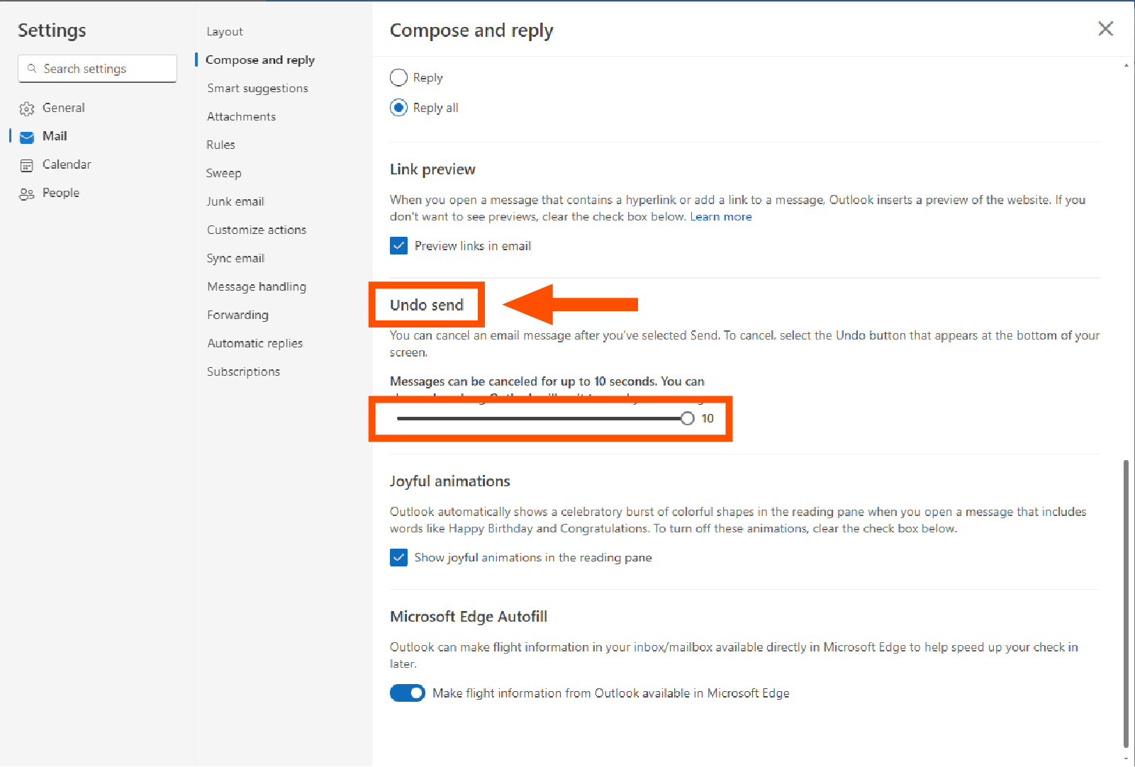 Screenshot of where to find the Undo send feature in Outlook, with an orange box around it and an arrow pointing to it