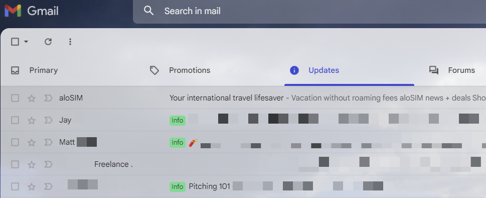 Julia's inbox, organized by alias