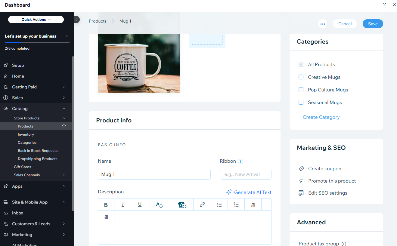 The screen for adding a new product to Wix