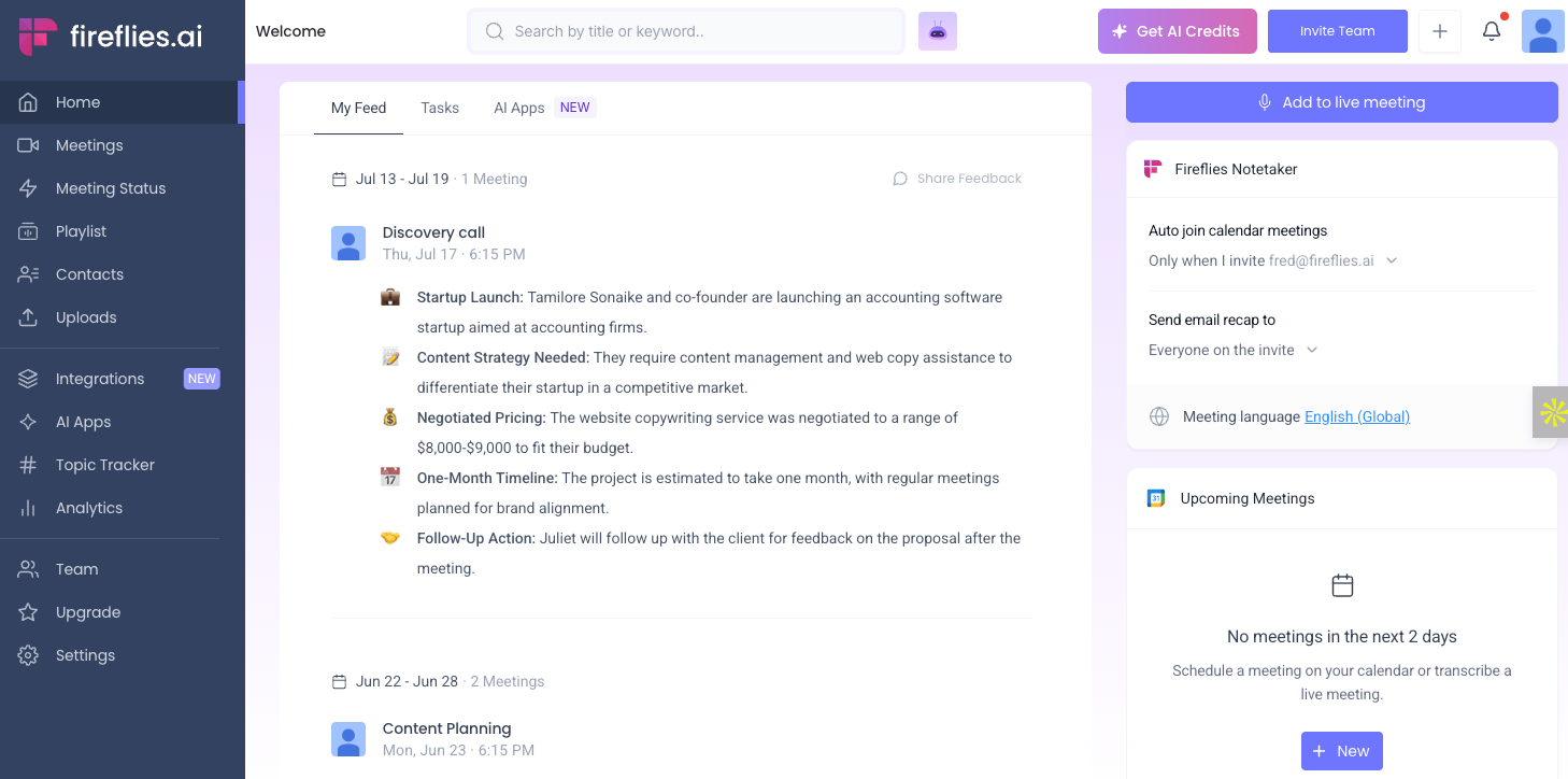 A dashboard in Fireflies showing a sidebar, feed, search bar, upcoming meetings, and other features