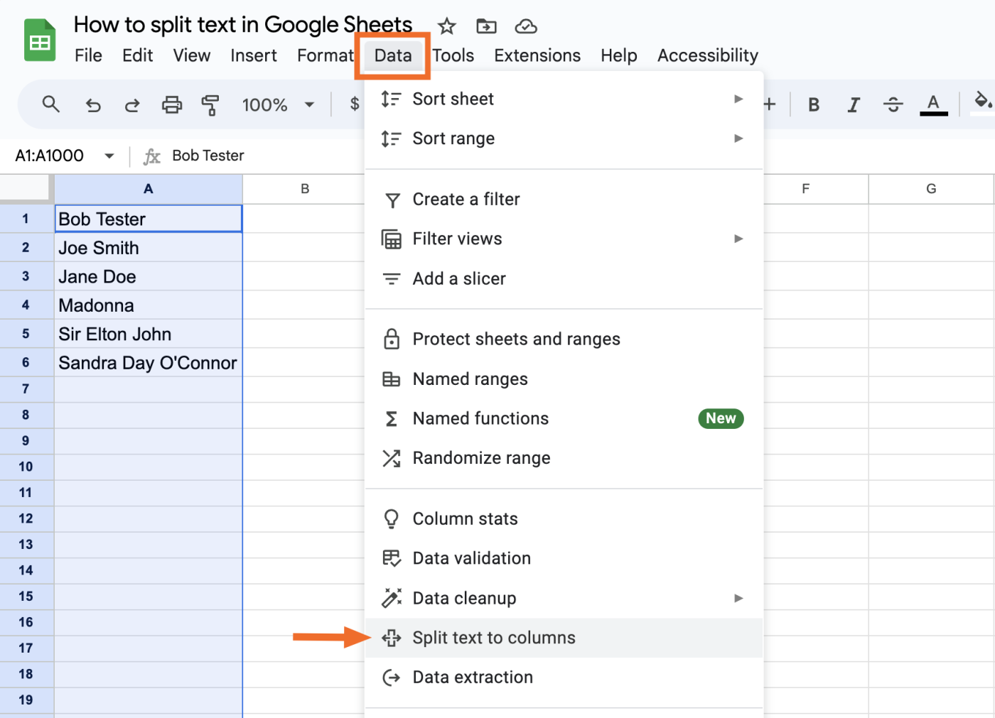 How to split text in Google Sheets using the split text to columns feature.