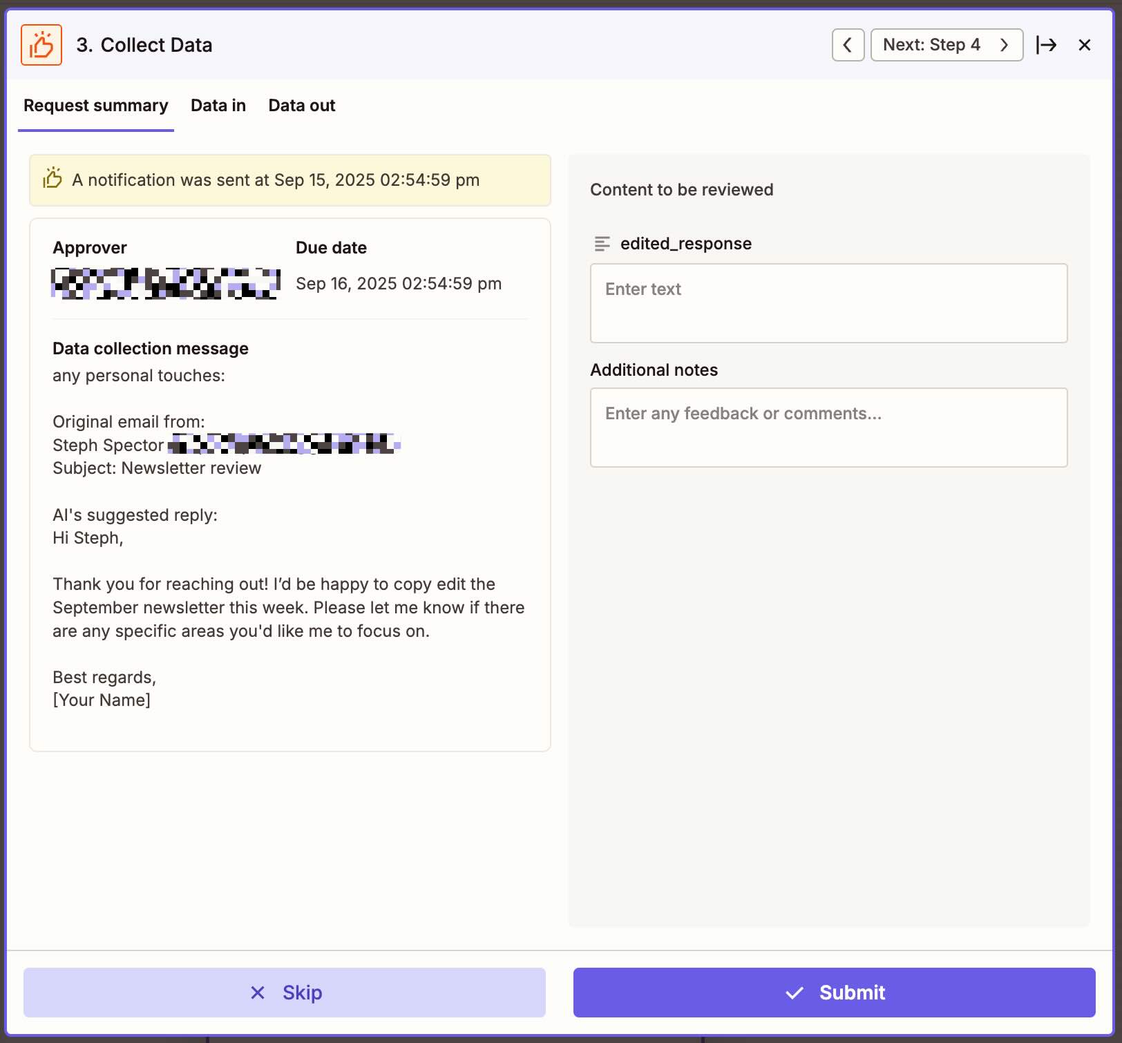 Configuring the Collect data option in a human-in-the-loop step on Zapier