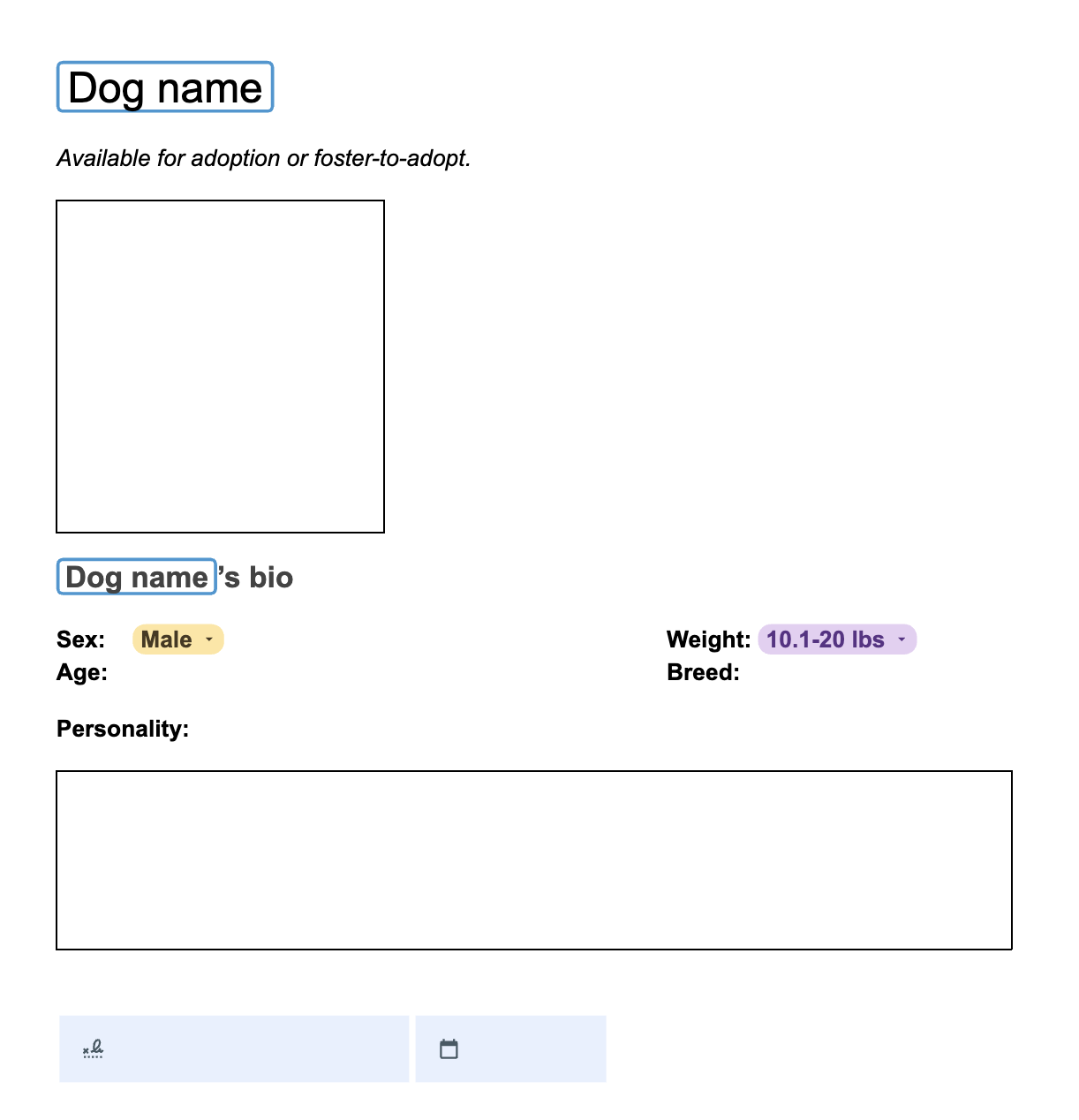 An example of a fillable template in Google Docs, with tables, dropdowns, variables, and a signature field.