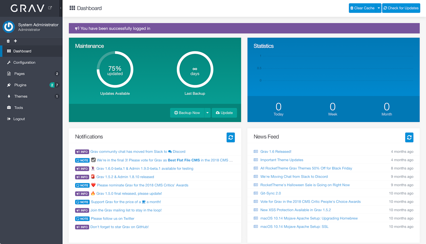 A view of the Grav dashboard.