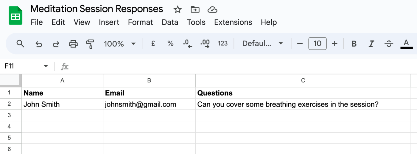 A Google Sheet with a name, email, and question added to the spreadsheet.